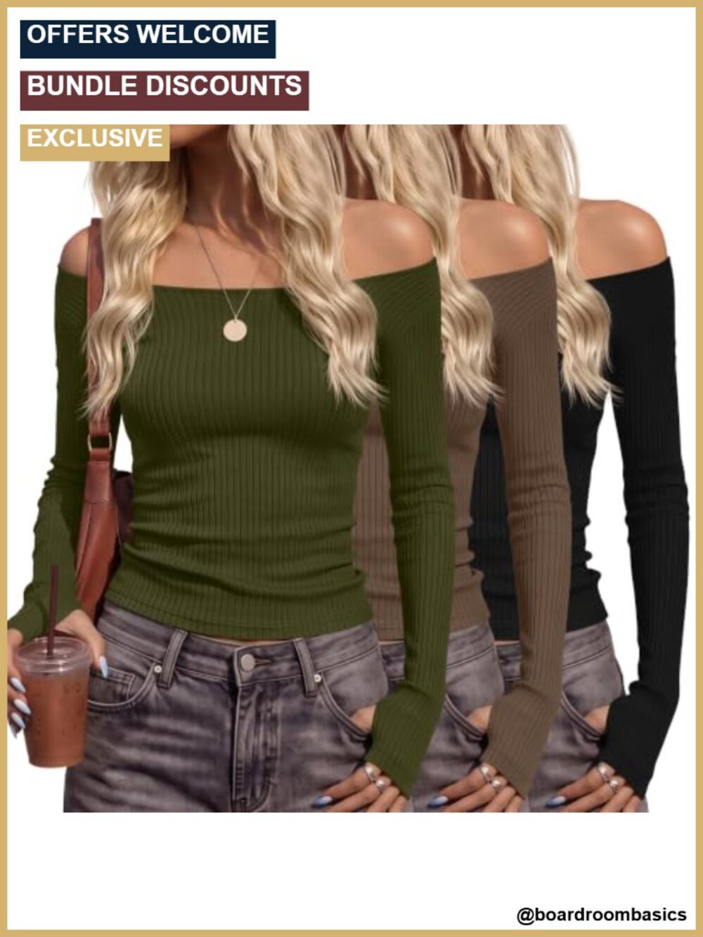 Off Shoulder Long Sleeve Tops Ribbed Knit Thumbhole Y2K Shirt 3 Pack